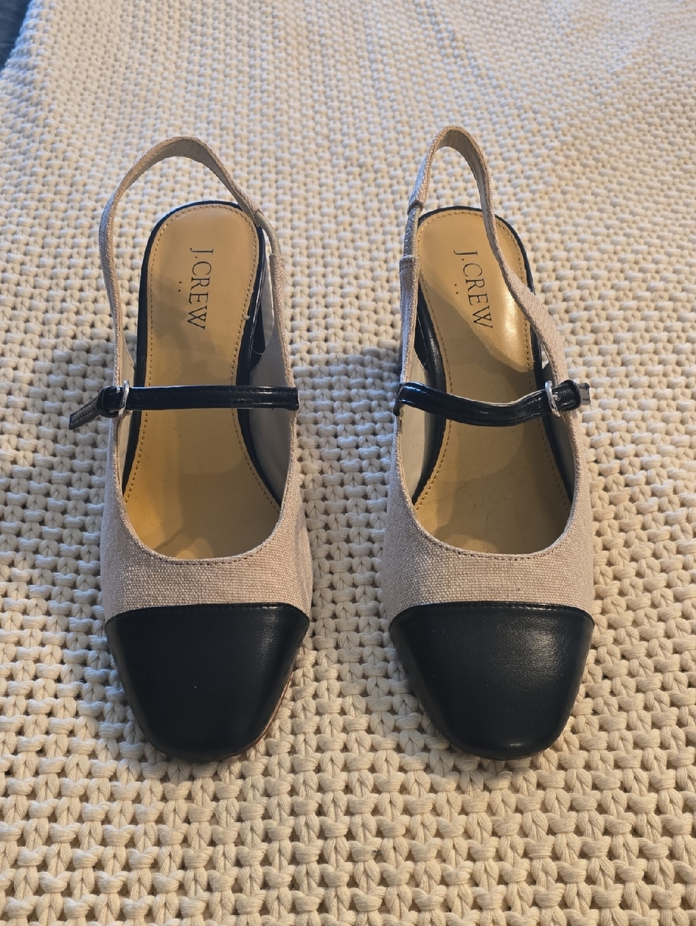 J. Crew Beige Canvas and Black Cap-Toe Slingback Heels